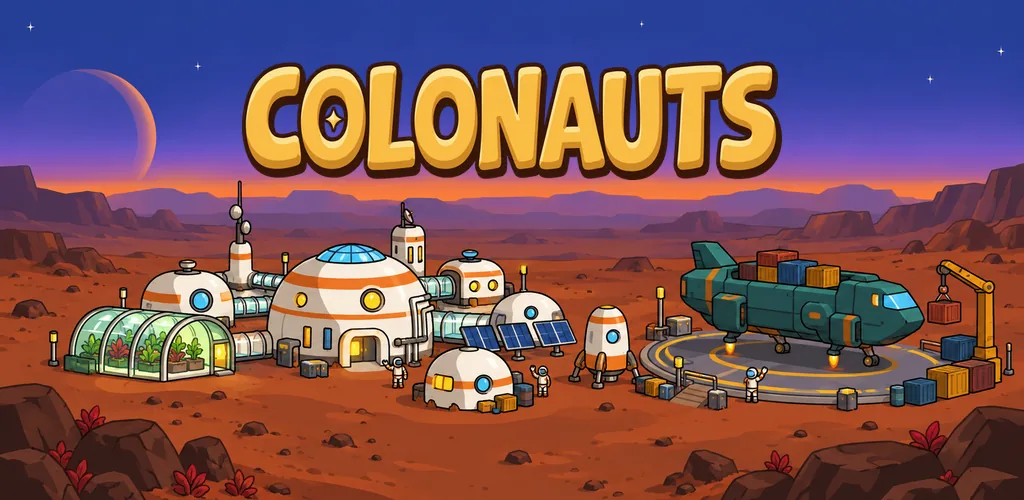Colonauts: a colony of white domes, greenhouses and a cargo ship on a red desert planet at dusk